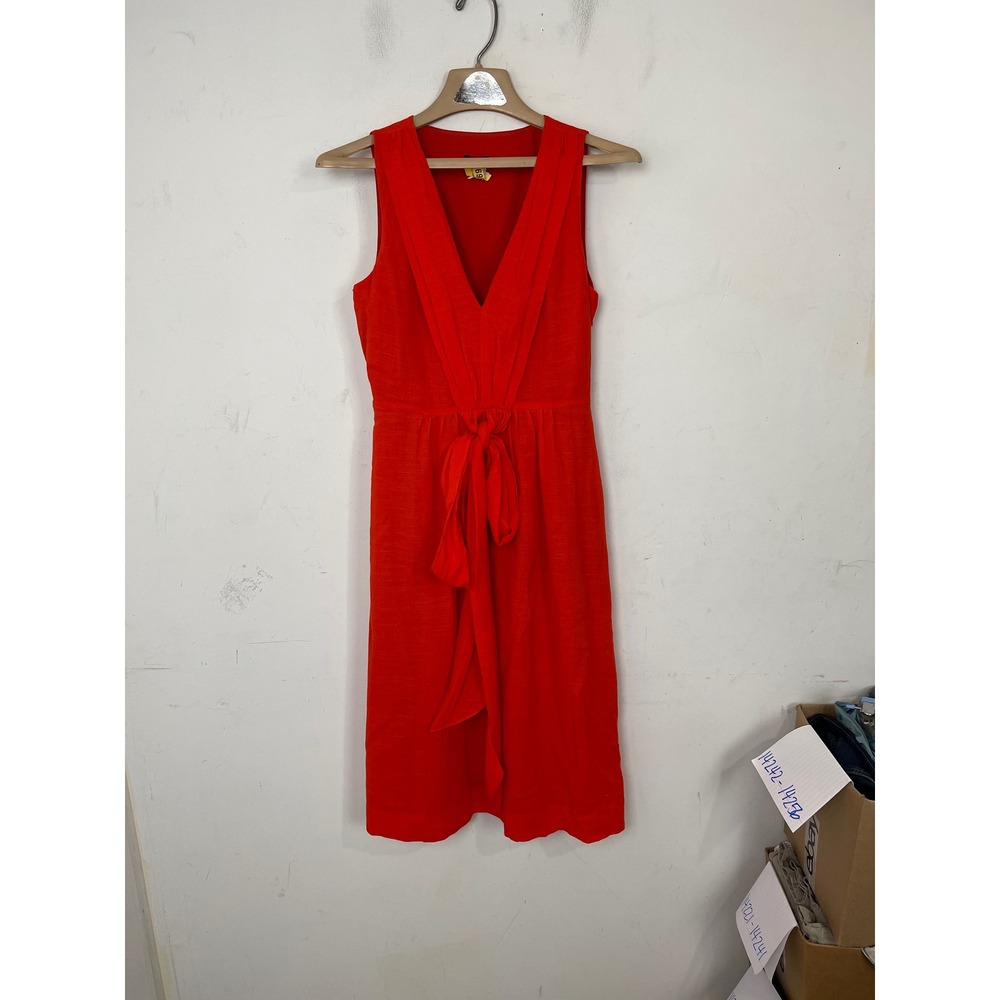 J.Crew Red Cotton Linen V-Neck Tie Waist Sleeveless Sheath Dress 72114 Size 4